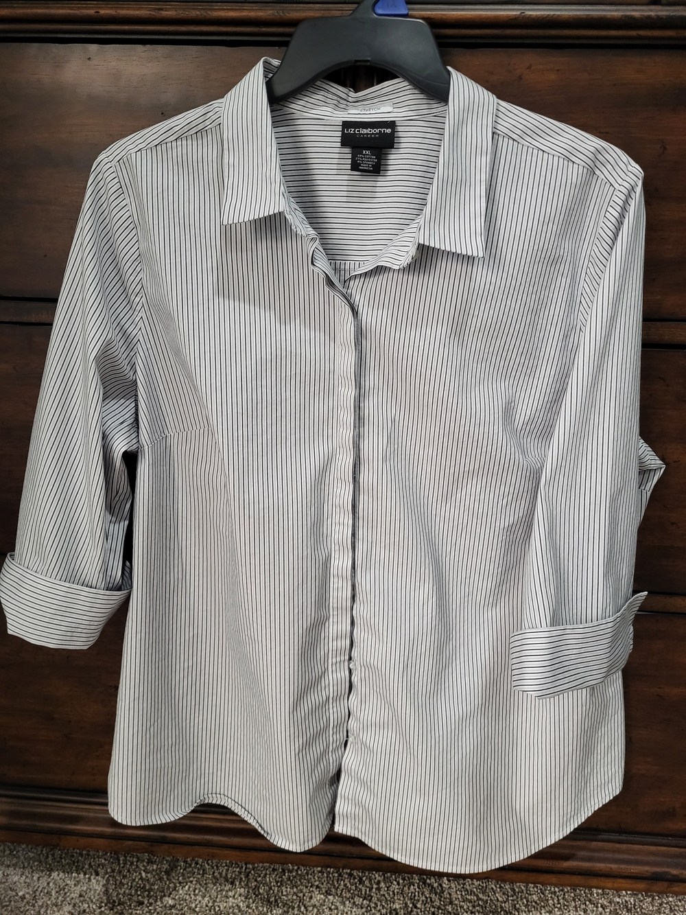 Liz Claiborne White & Black Pinstripe Button Front Blouse